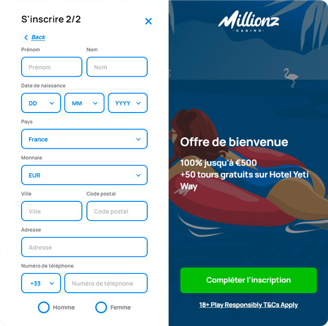 Inscription 2 casino en ligne Millionz