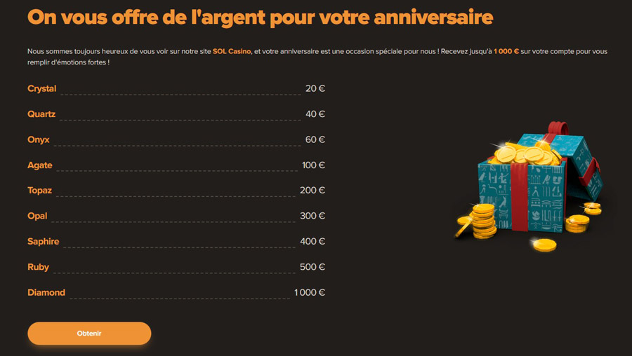 Argent offert anniversaire Sol Casino